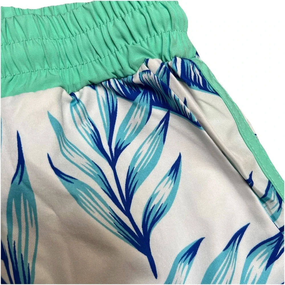 Unbranded Mens White XL Board Shorts Blue & Green Palm Fronds Pockets Green Trim
